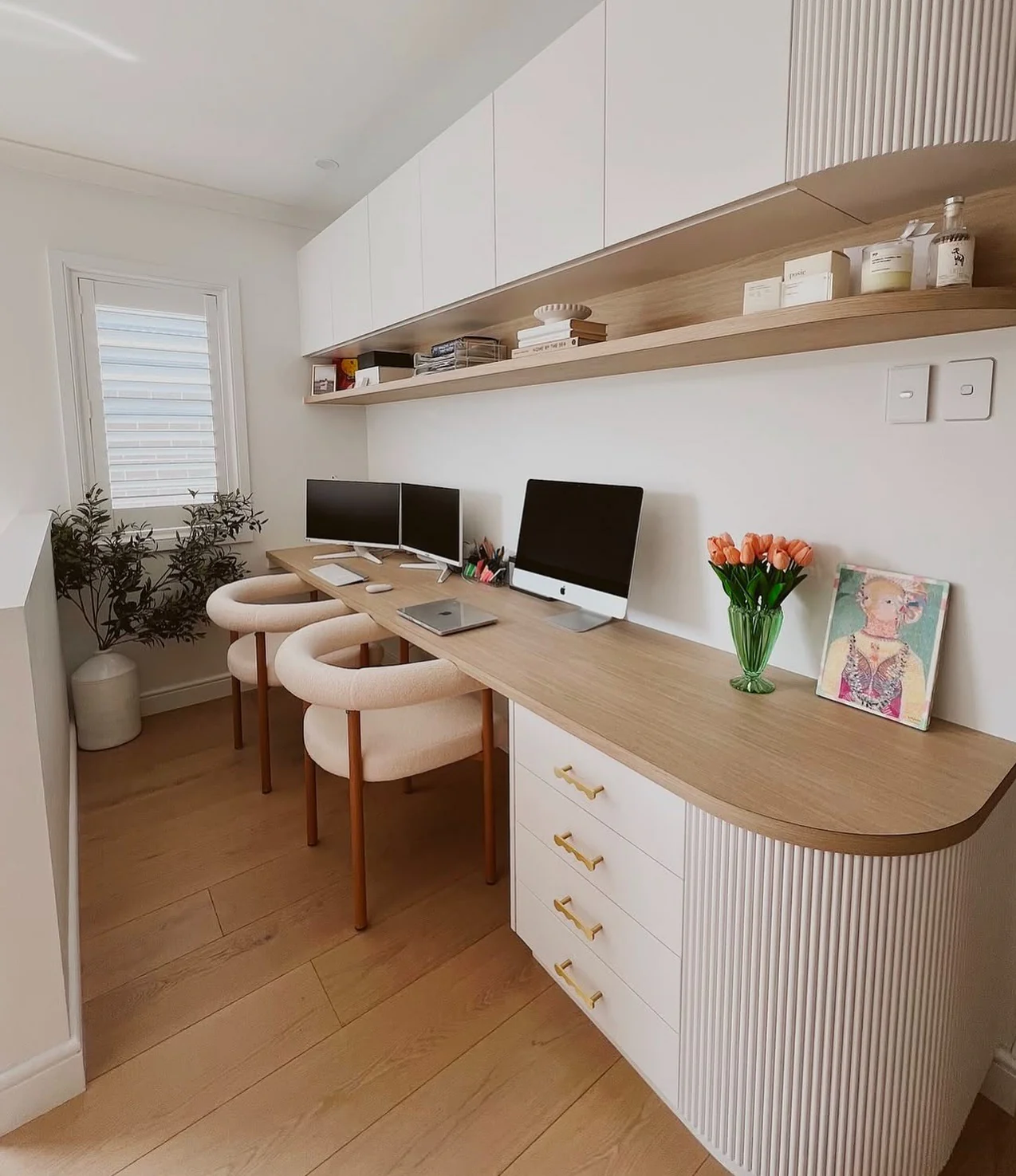 25. Streamlined Duo Workspace in Soft Sand Tones (Earth Tones Office Ideas)