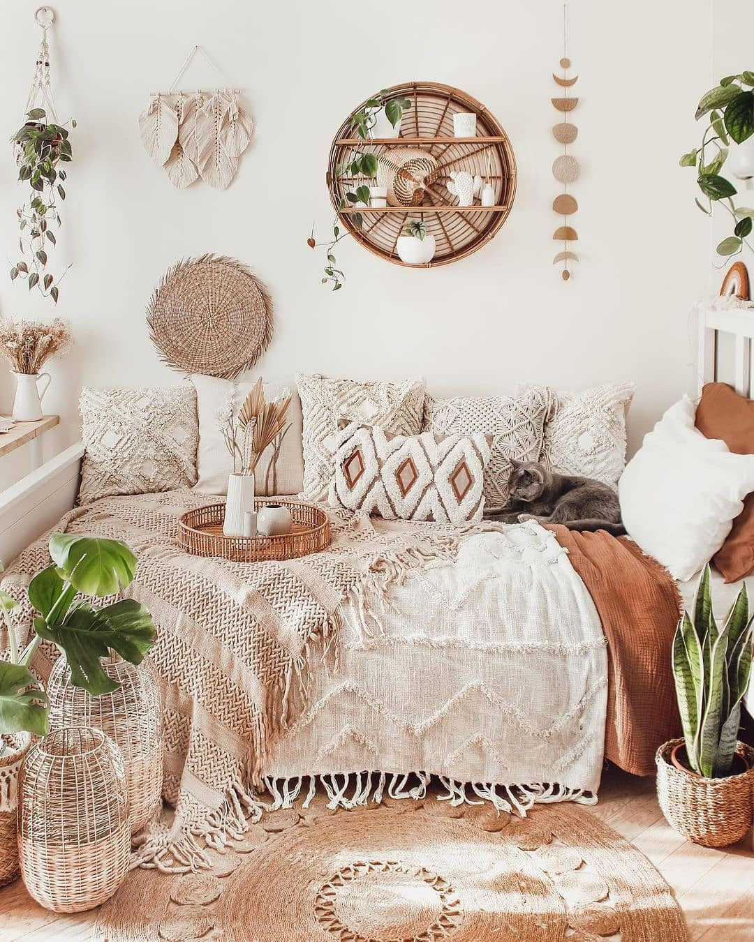2. Textured Neutrals & Tribal Accents (Boho Living Room Ideas)