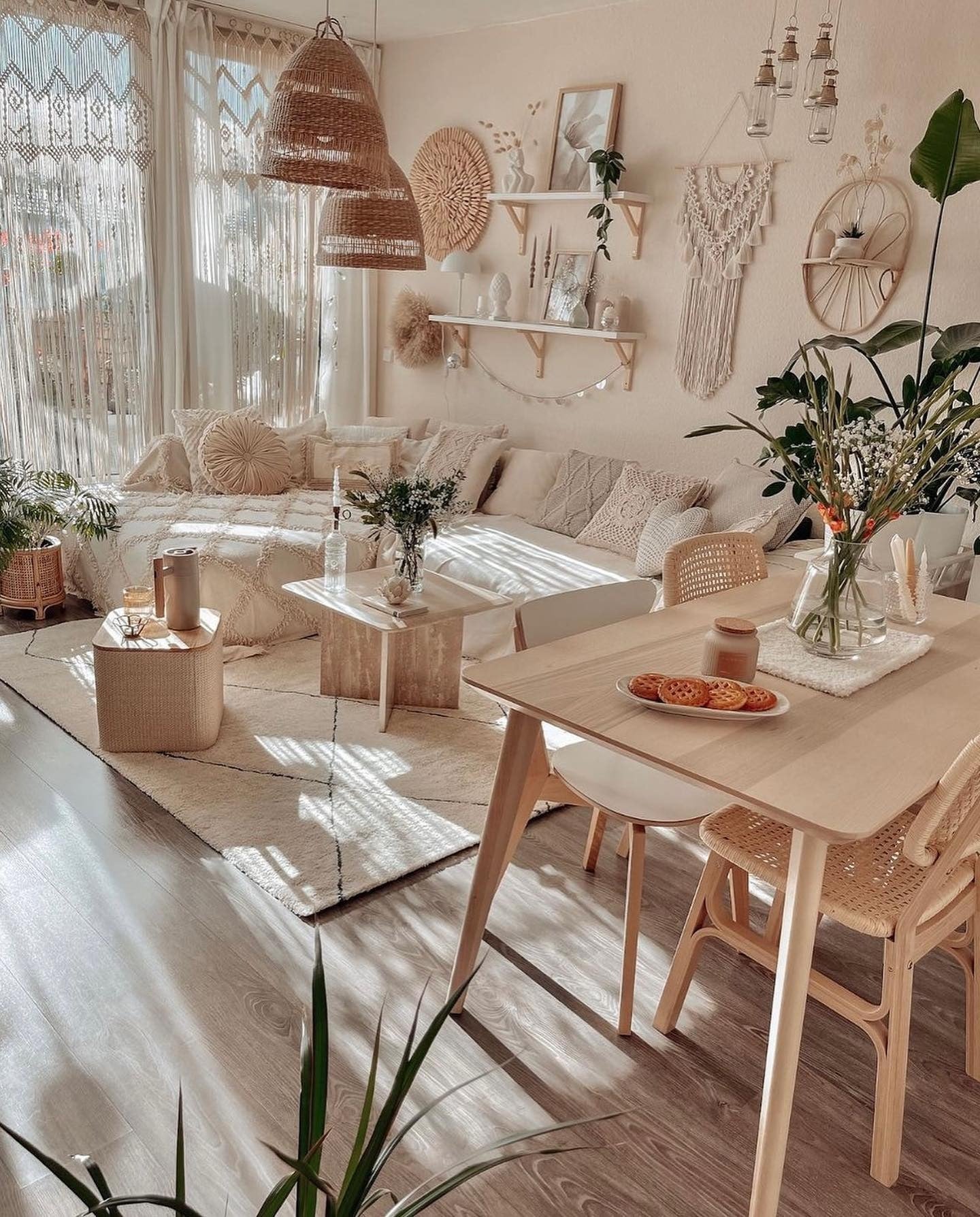 8. Sun-Kissed Boho Dining and Lounge Blend (Boho Living Room Ideas)