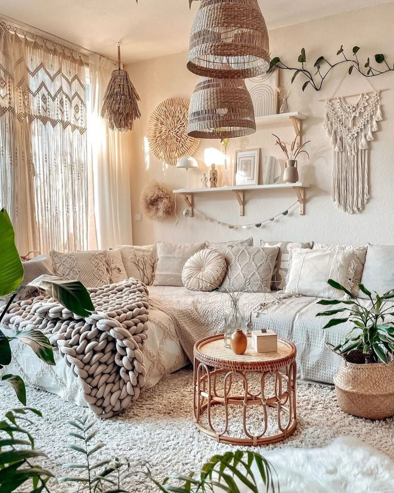 20. Botanical Bliss with Soft Boho Elegance (Boho Living Room Ideas)