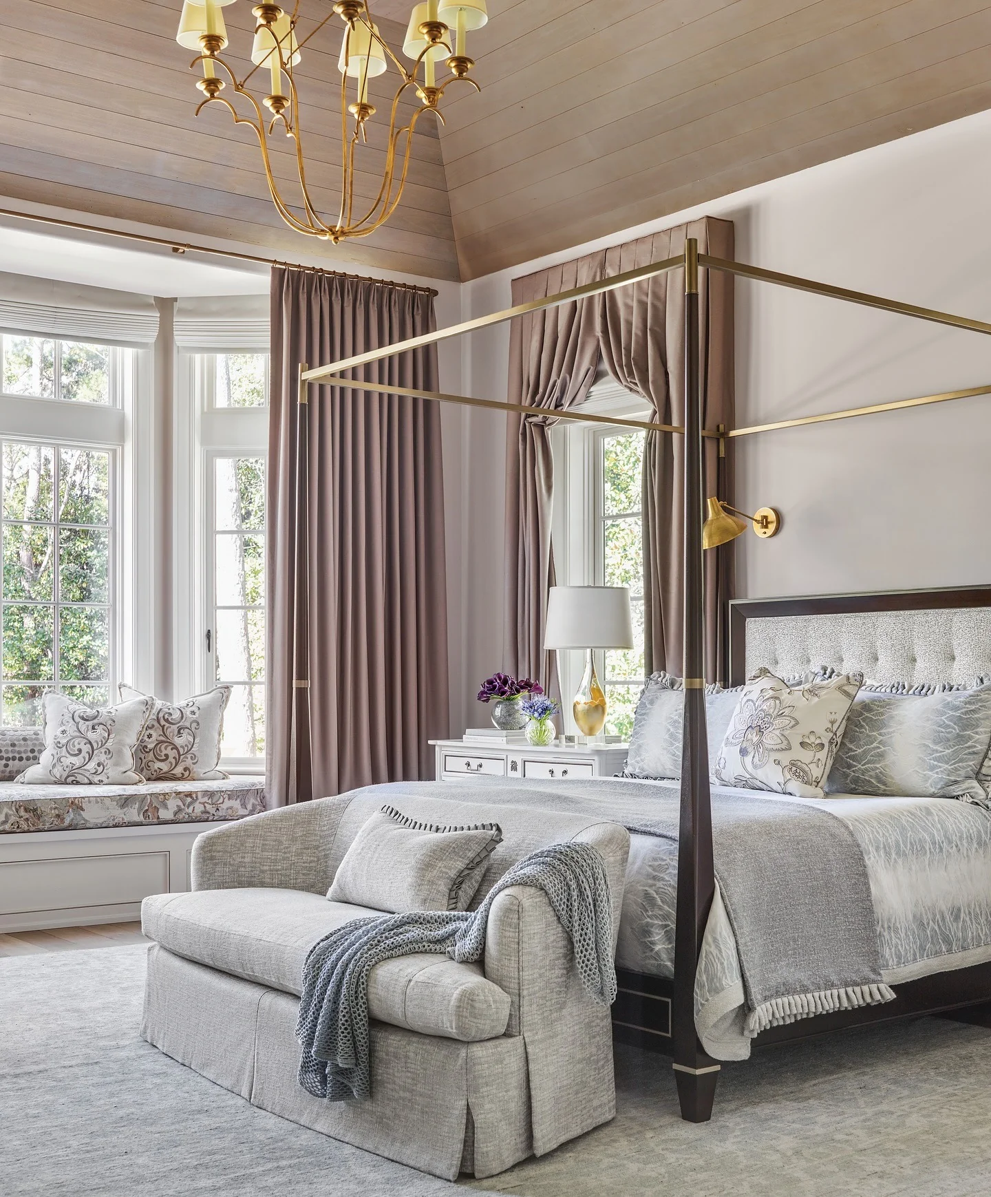 11. Regal Retreat with Blush and Brass Accents (Sunroom Bedroom Ideas)