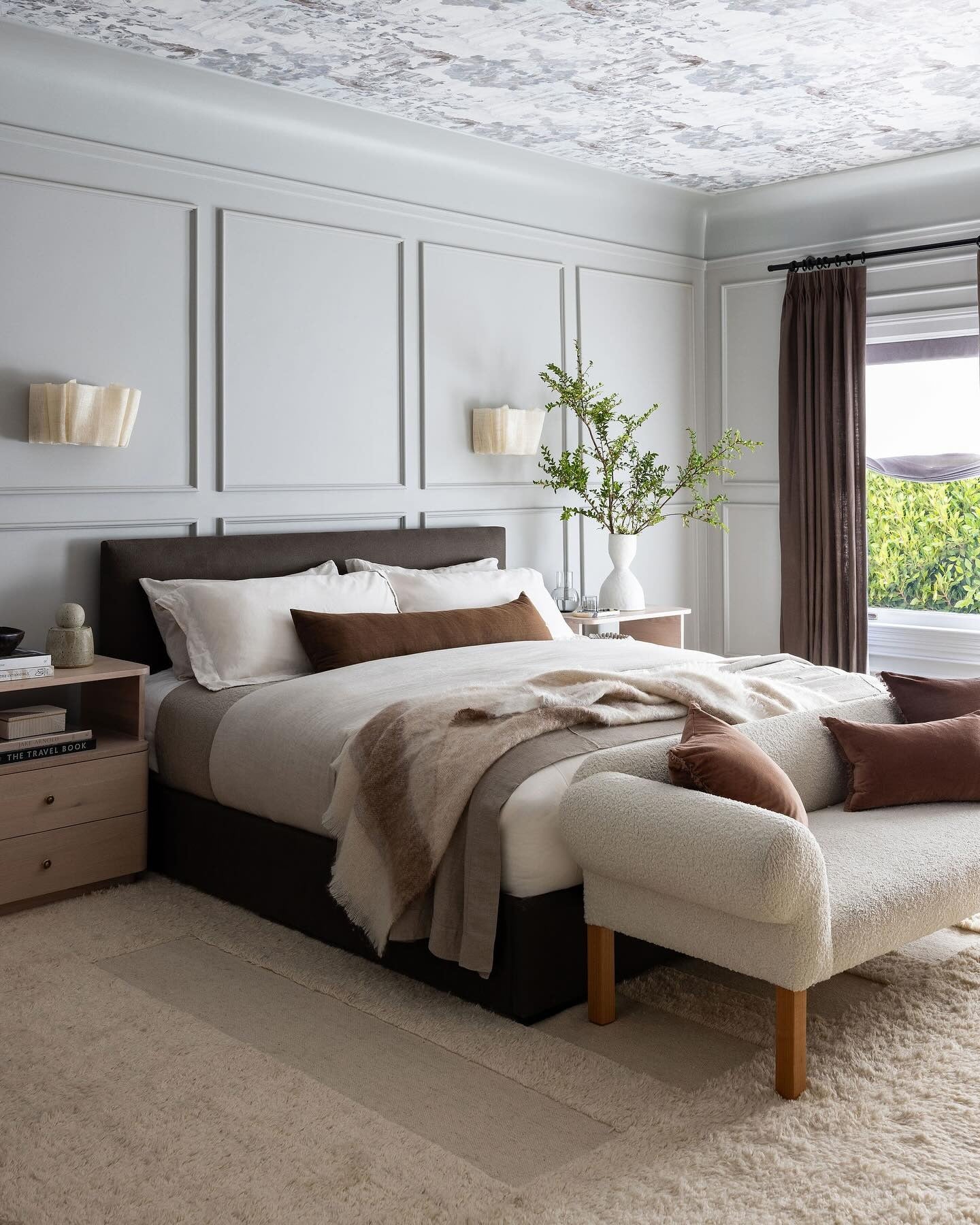 19. Textured Neutrals and Ceiling Drama in Soft Gray (Sunroom Bedroom Ideas)