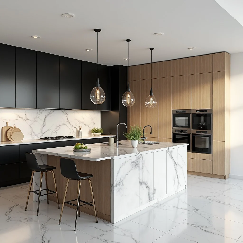 5. Luxury Marble and Black Kitchen with Integrated Wood Cabinetry (Modern Kitchen Ideas)