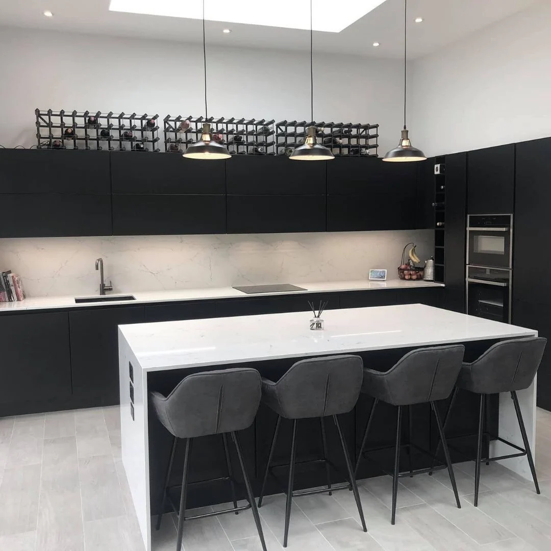 7. Bold Monochrome Kitchen with Minimalist Wine Rack Display (Modern Kitchen Ideas)