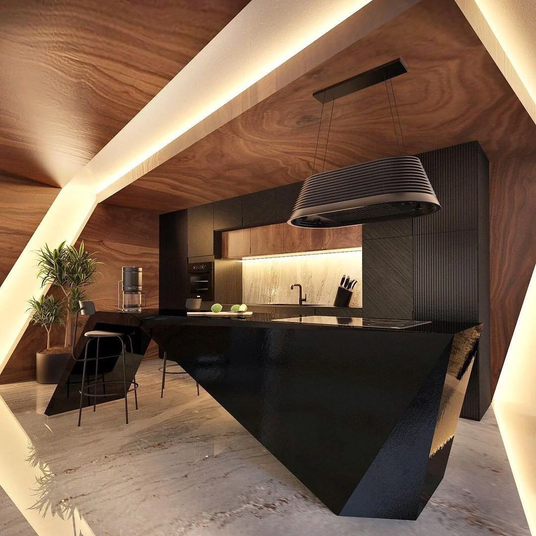 9. Futuristic Angular Kitchen with Sculptural Island (Modern Kitchen Ideas)