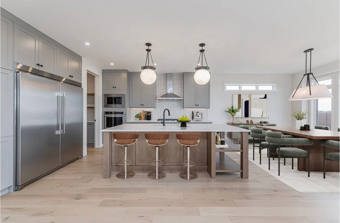 24. Soft Gray Kitchen with Natural Oak Island and Dining Extension (Modern Kitchen Ideas)