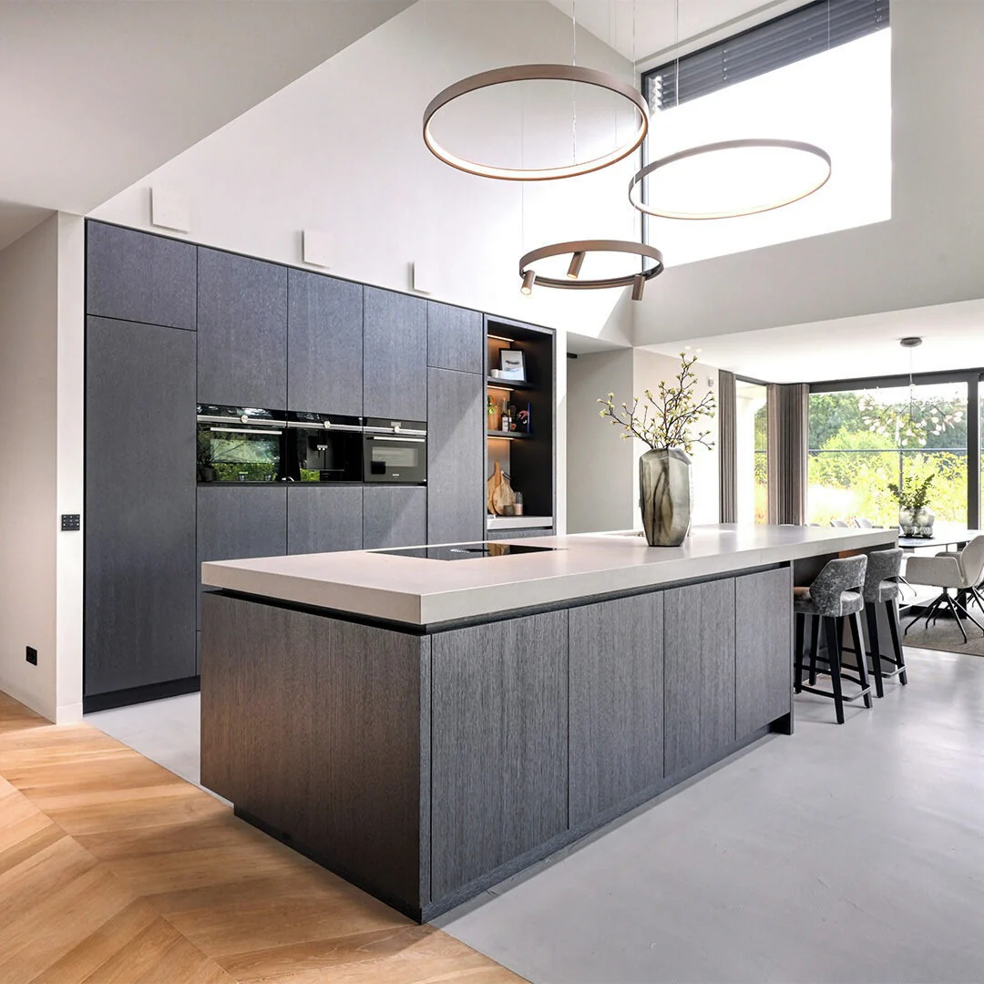 25. Monochrome Elegance in Smoky Blue-Grey (Modern Kitchen Ideas)