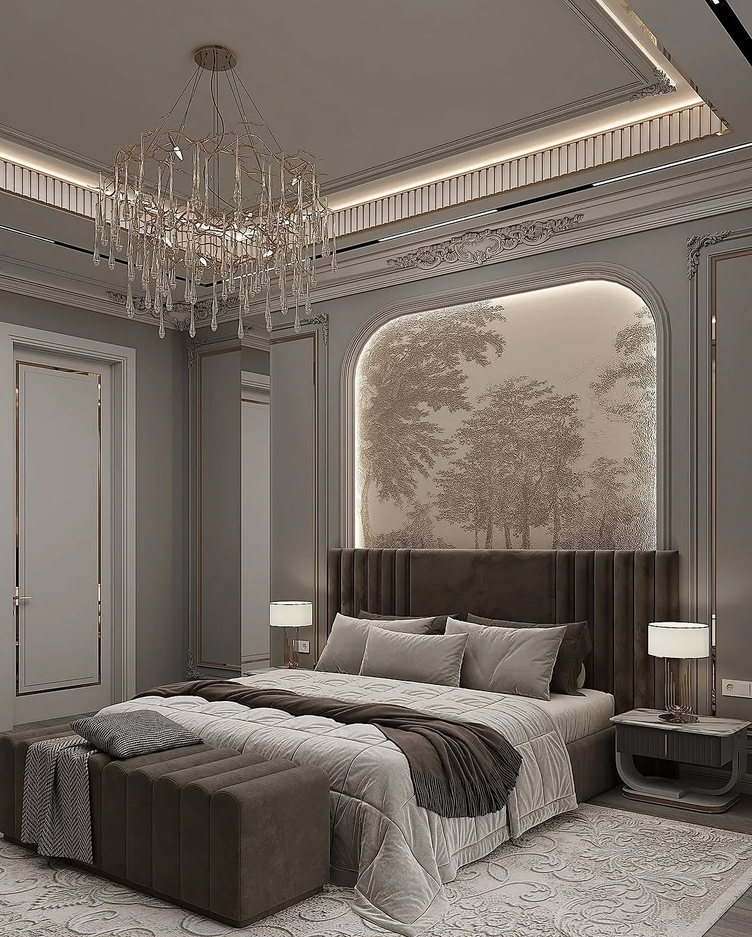 2. Parisian Luxe in Taupe and Bronze (Moody Bedroom Ideas)