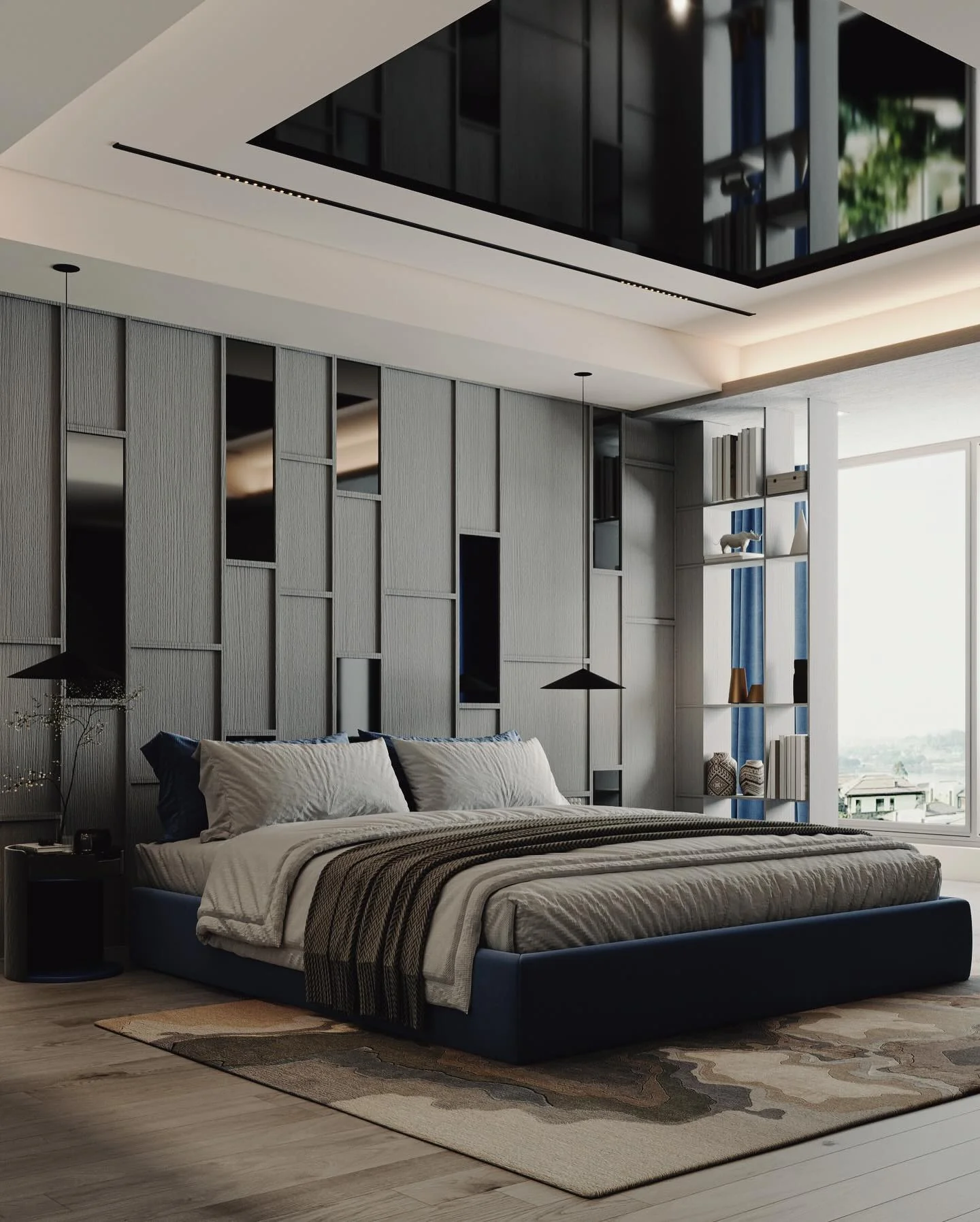 5. Geometric Drama in Slate and Midnight Blue (Moody Bedroom Ideas)