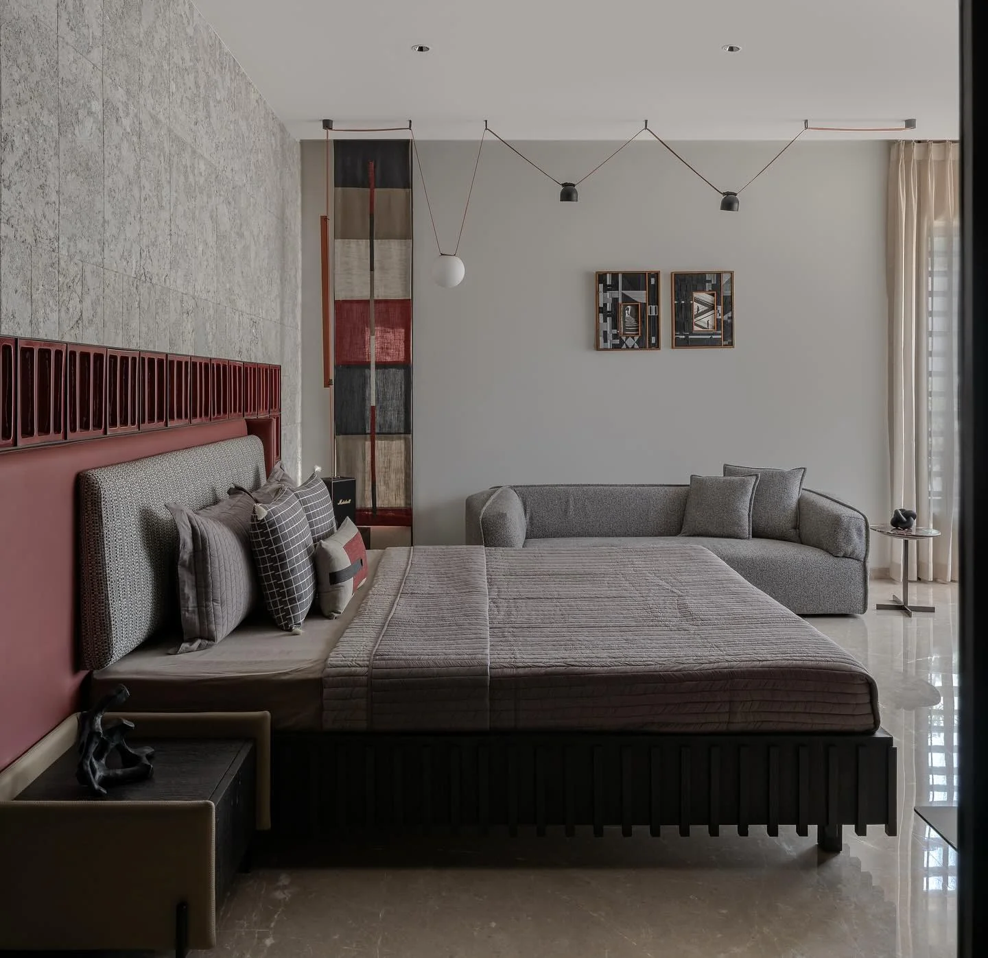 8. Mid-Century Patchwork in Dusty Rose and Gray (Moody Bedroom Ideas)