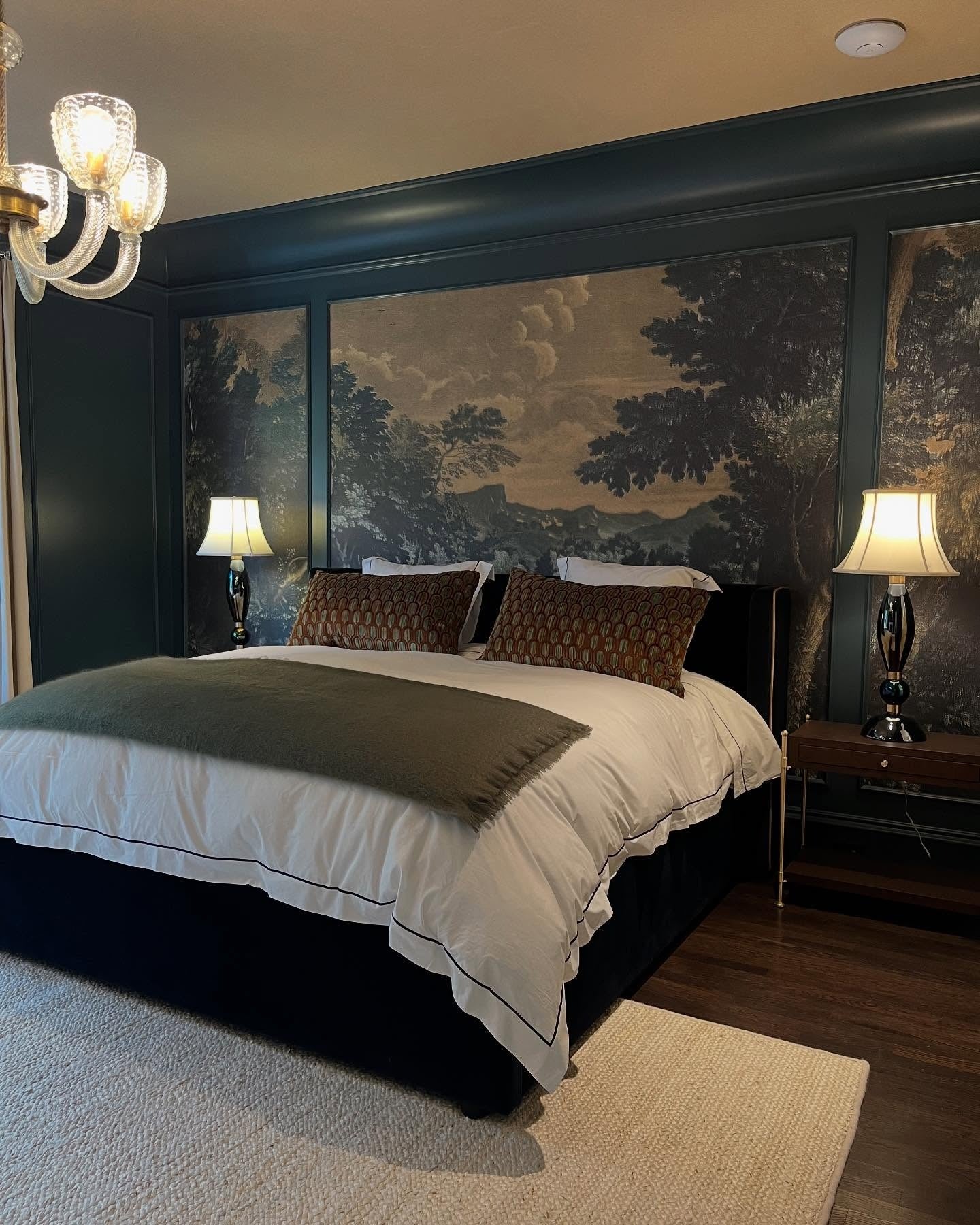 12. Dramatic Mural and Forest Green Sophistication (Moody Bedroom Ideas)