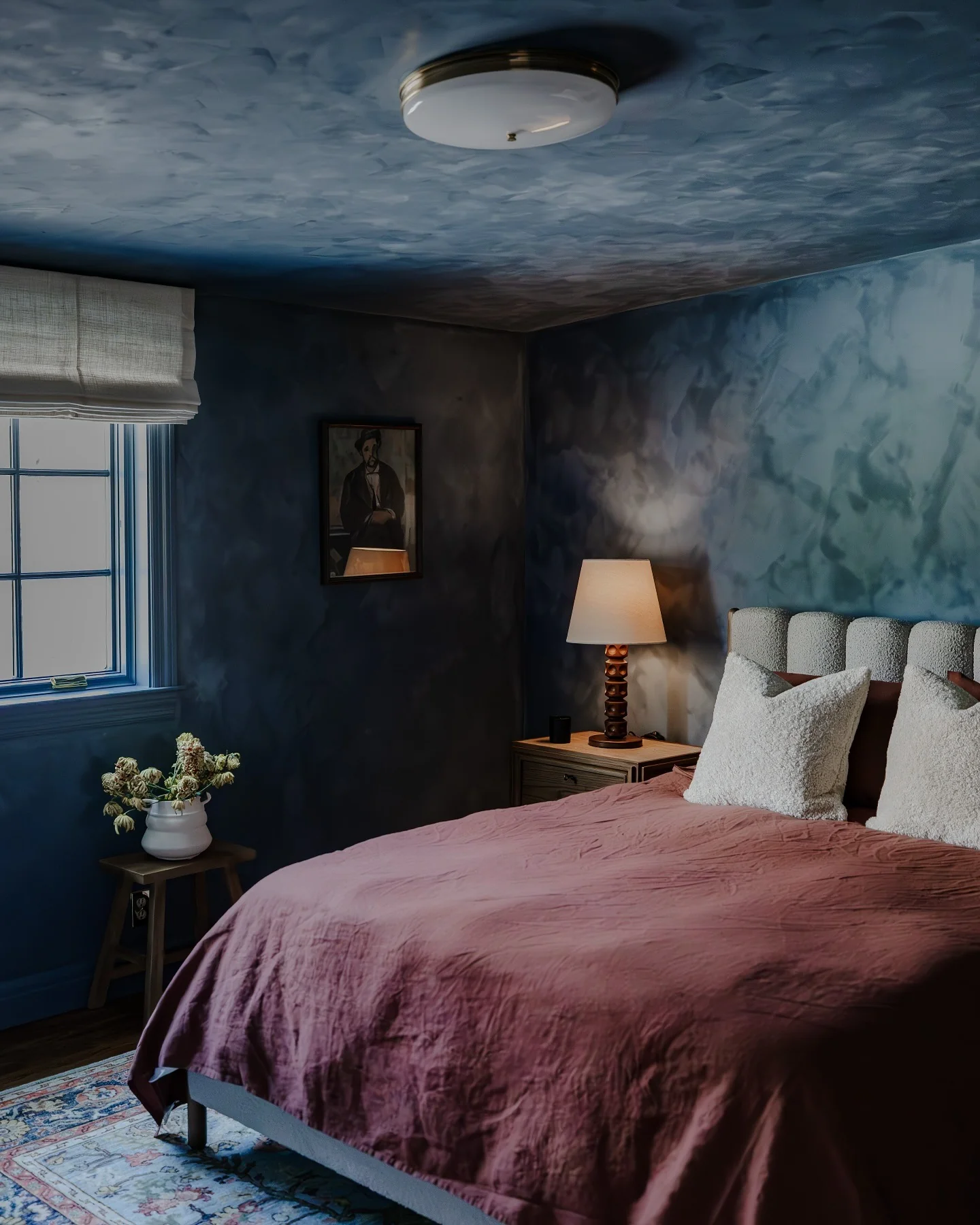 9. Textured Twilight with Artistic Layers (Moody Bedroom Ideas)