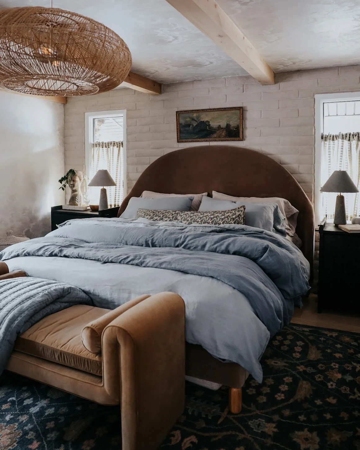 13. Textured Neutrals with Soft Blue Hues (Moody Bedroom Ideas)