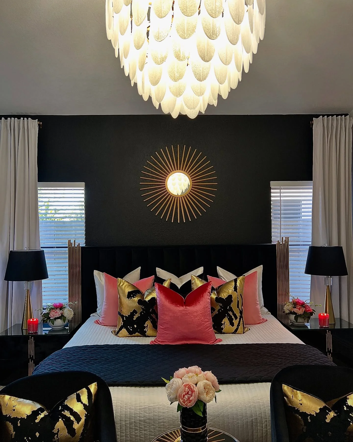 7. Glam Noir with Gold and Fuchsia (Moody Bedroom Ideas)