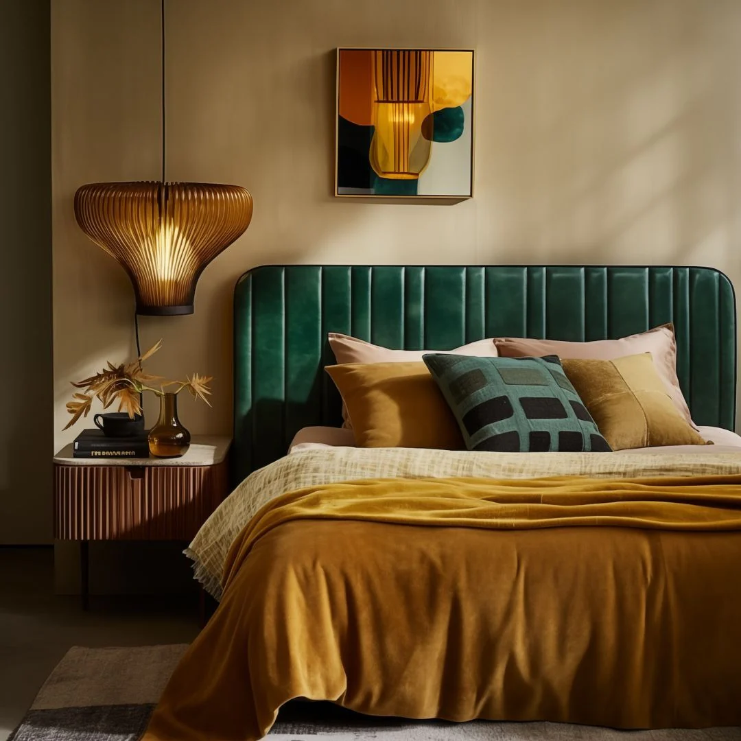 19. Retro Luxe with Mustard and Emerald (Moody Bedroom Ideas)