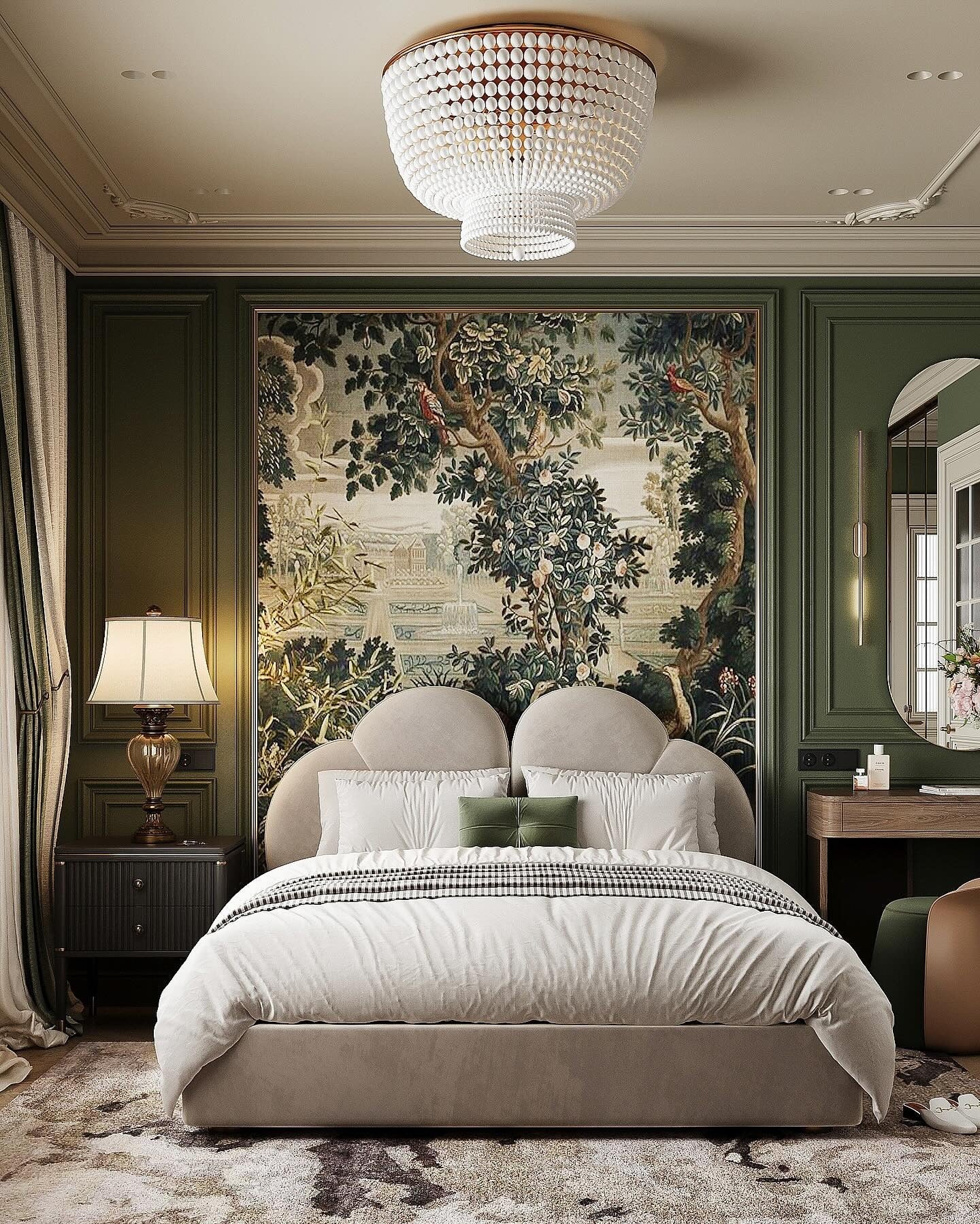 20. Garden Chateau Elegance in Sage and Cream (Moody Bedroom Ideas)