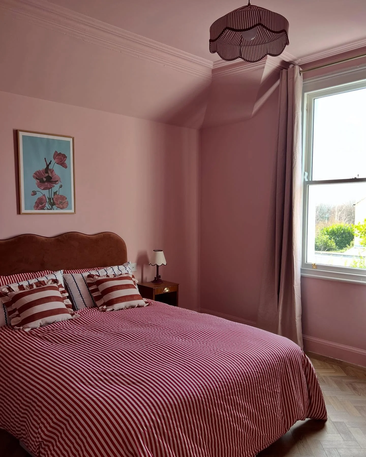 18. Striped Whimsy in Cherry Blossom Pink (Moody Bedroom Ideas)