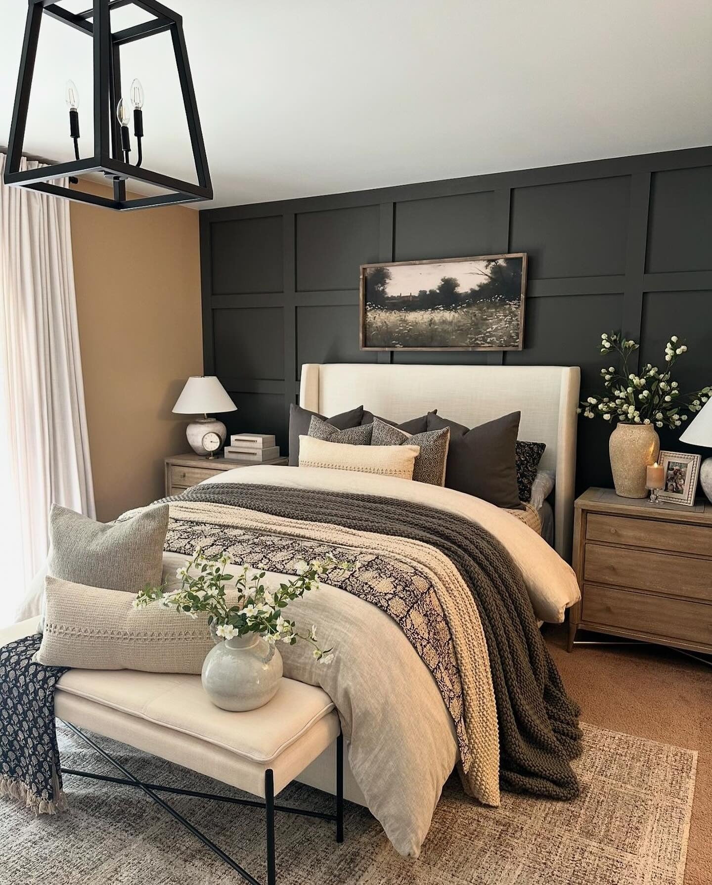 23. Modern Farmhouse with Earthy Luxe (Moody Bedroom Ideas)