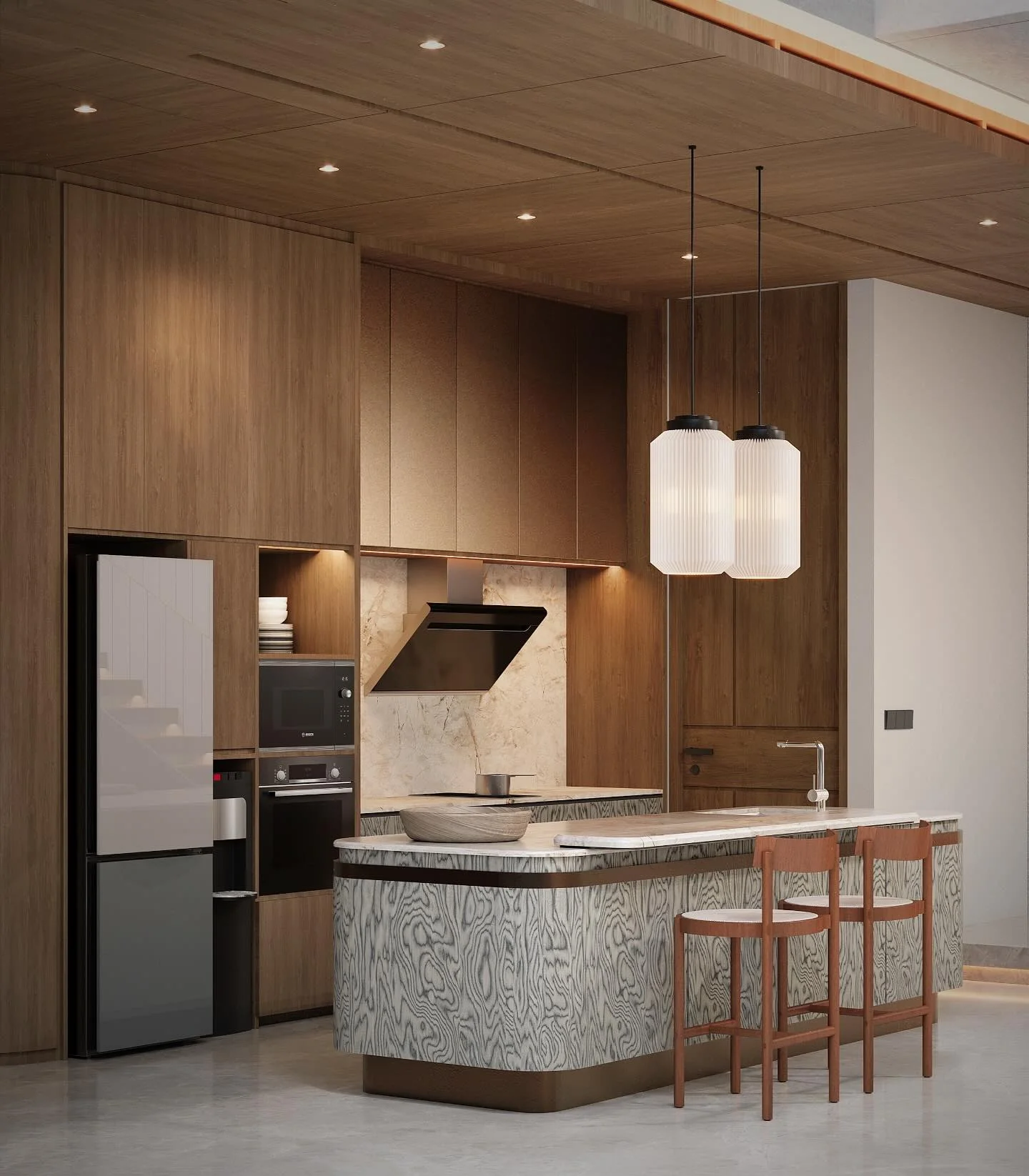 5. Contemporary Minimalism with Wood Grains (Brown Kitchen Ideas)