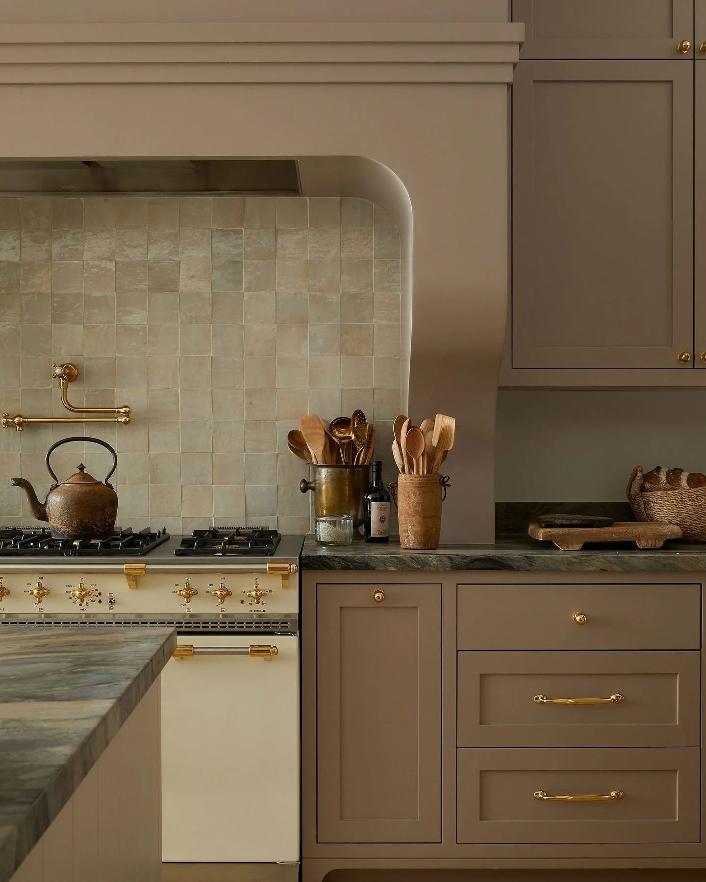 4. Vintage Luxe with Greige and Brass (Brown Kitchen Ideas)