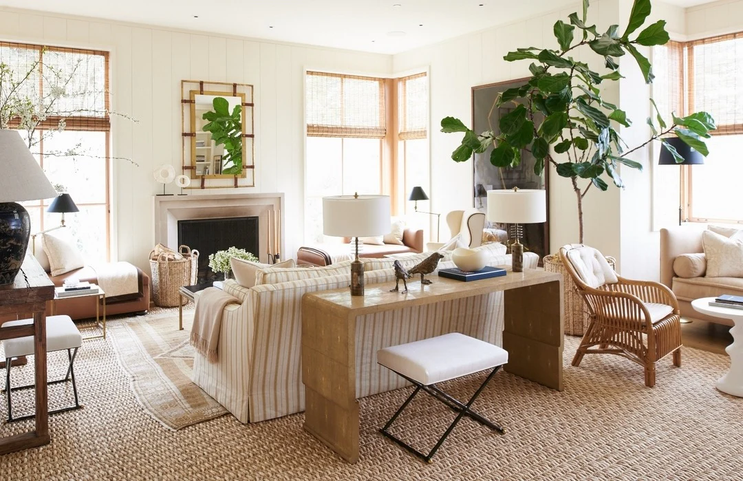 8. Sunlit Coastal Comfort in Sand and Wicker (Earth Tones Living Room Ideas)