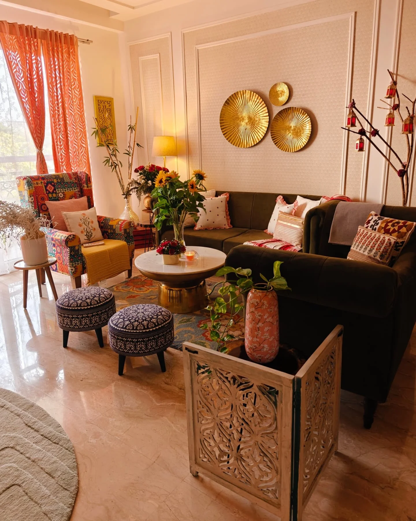 18. Festive Fusion with Marigold and Moss (Earth Tones Living Room Ideas)