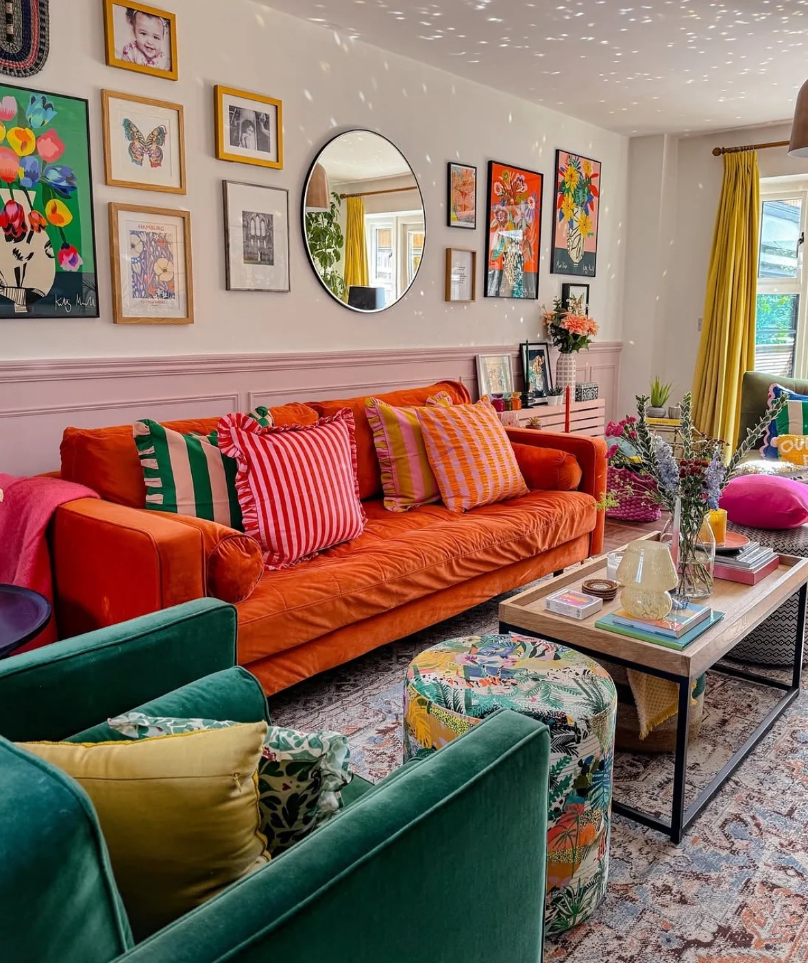 20. Maximalist Joy in Citrus and Forest (Earth Tones Living Room Ideas)