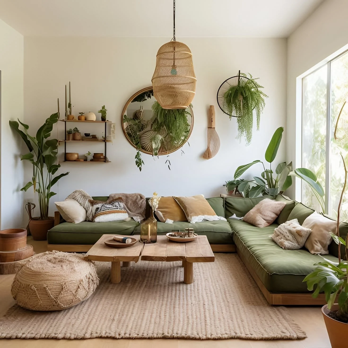 22. Olive Grove Oasis with Sculptural Simplicity (Earth Tones Living Room Ideas)