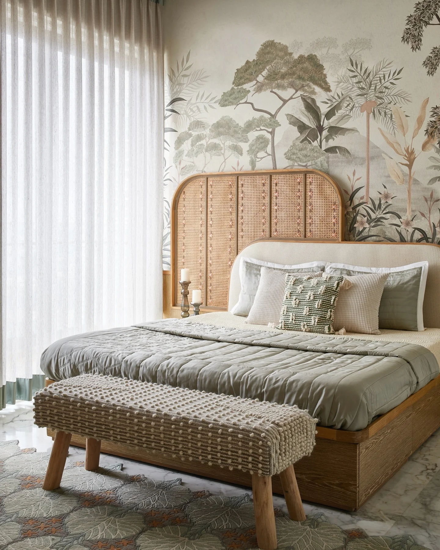 11. Tropical Whisper with Soft Sage and Rattan (Earth Tones Bedroom Ideas)