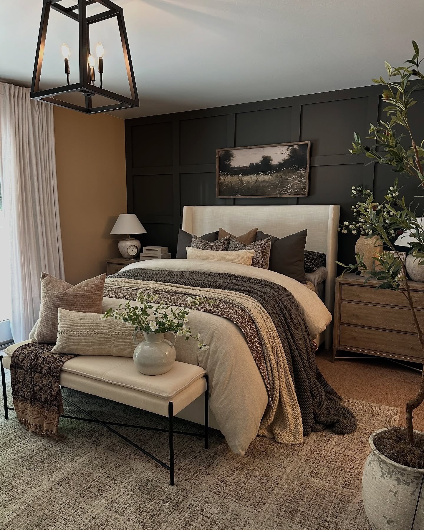 24. Sophisticated Neutrals with Graphite Contrast (Earth Tones Bedroom Ideas)