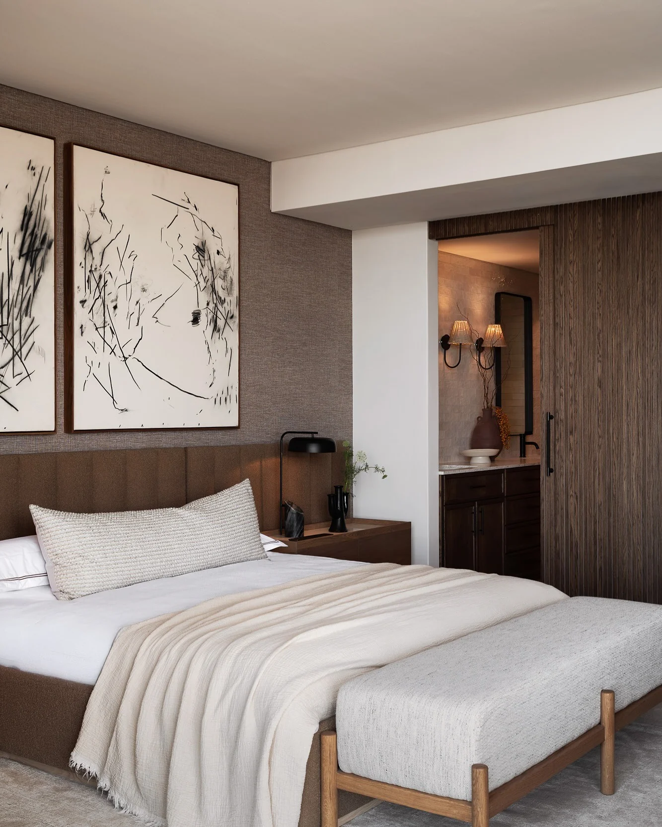 9. Moody Modern with Warm Undertones (White Bedroom Ideas)