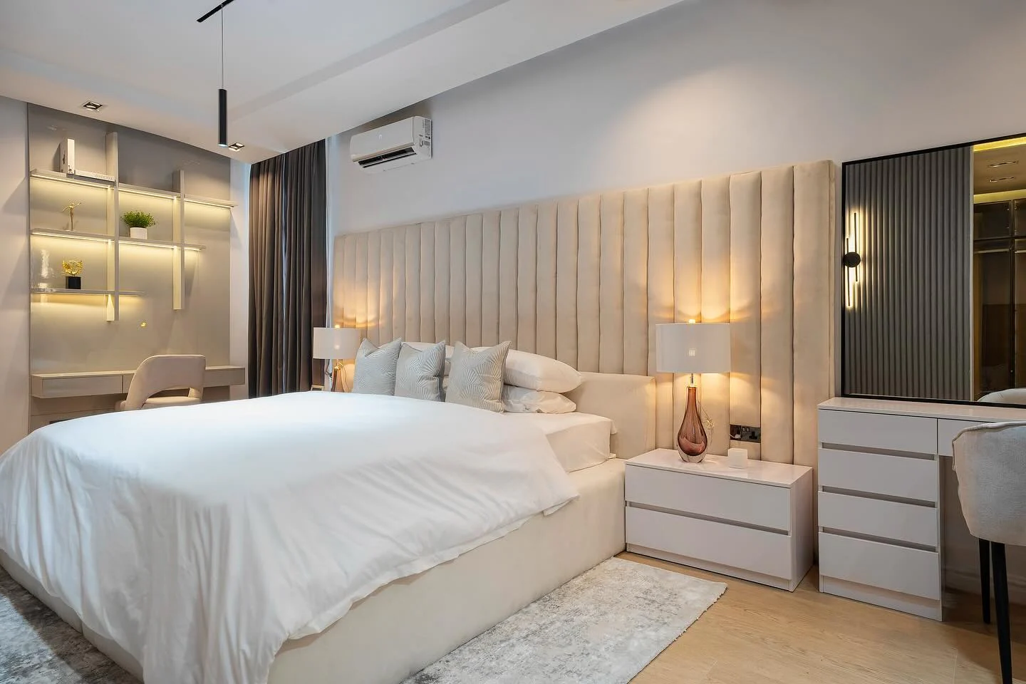 8. Elegant Contemporary with Ambient Accents (White Bedroom Ideas)