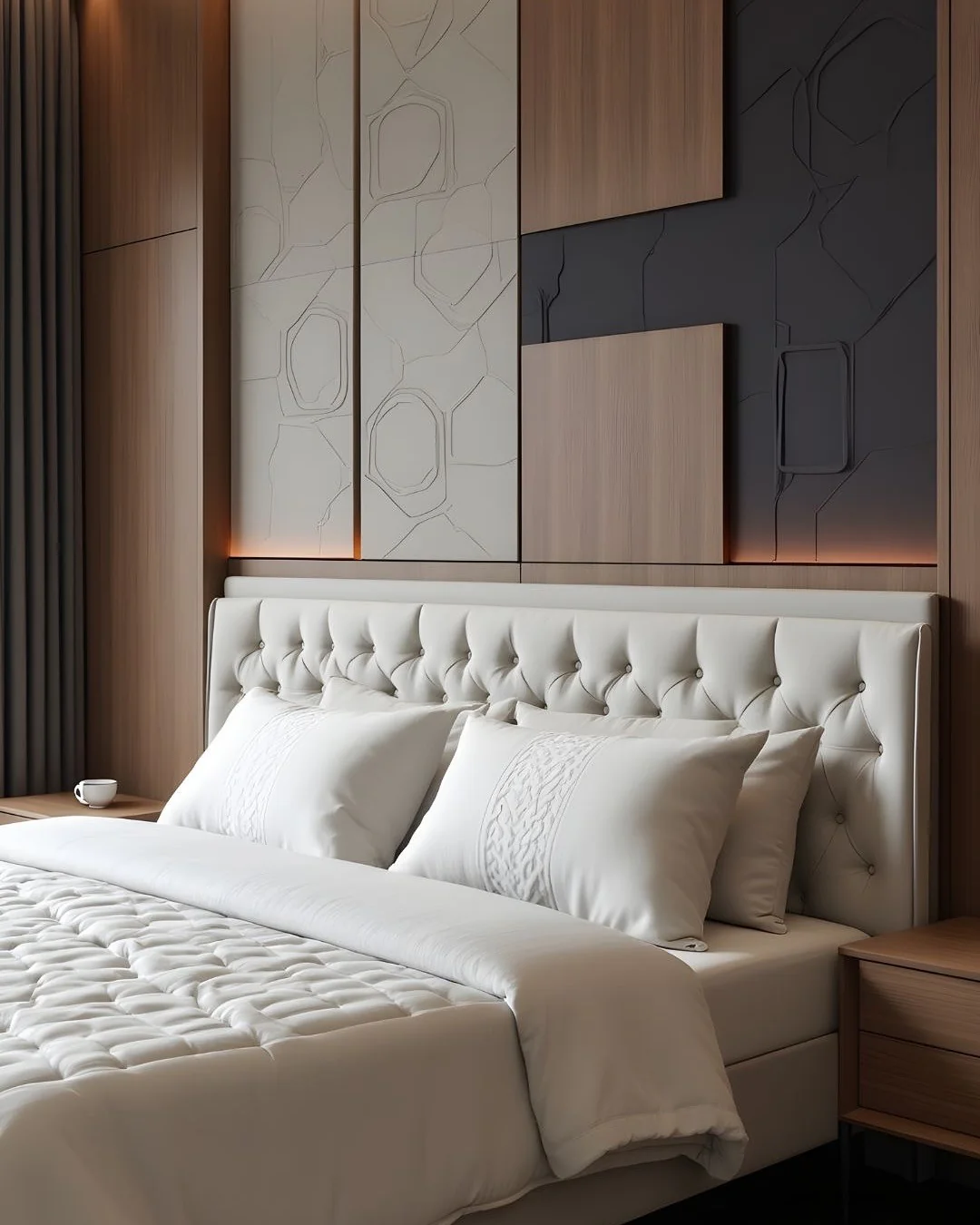 10. Tufted Glamour with Architectural Texture (White Bedroom Ideas)