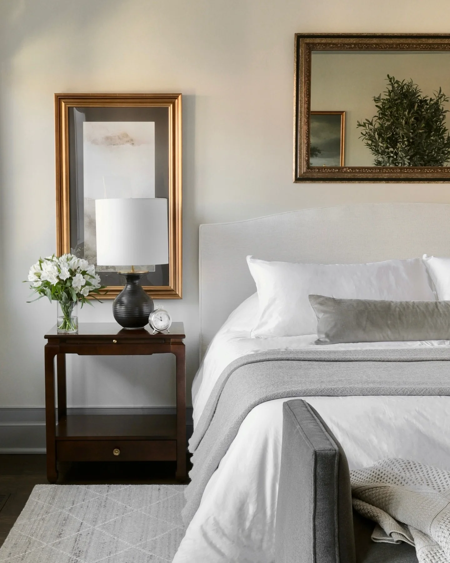 24. Moody Classic with Gold Framed Details (White Bedroom Ideas)