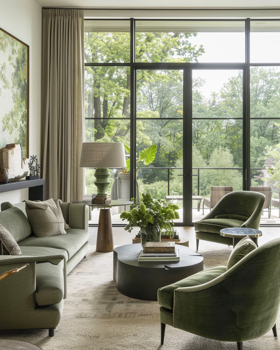 Modern Grey And Sage Green Living Room Interior With A View Design and Decor Ideas