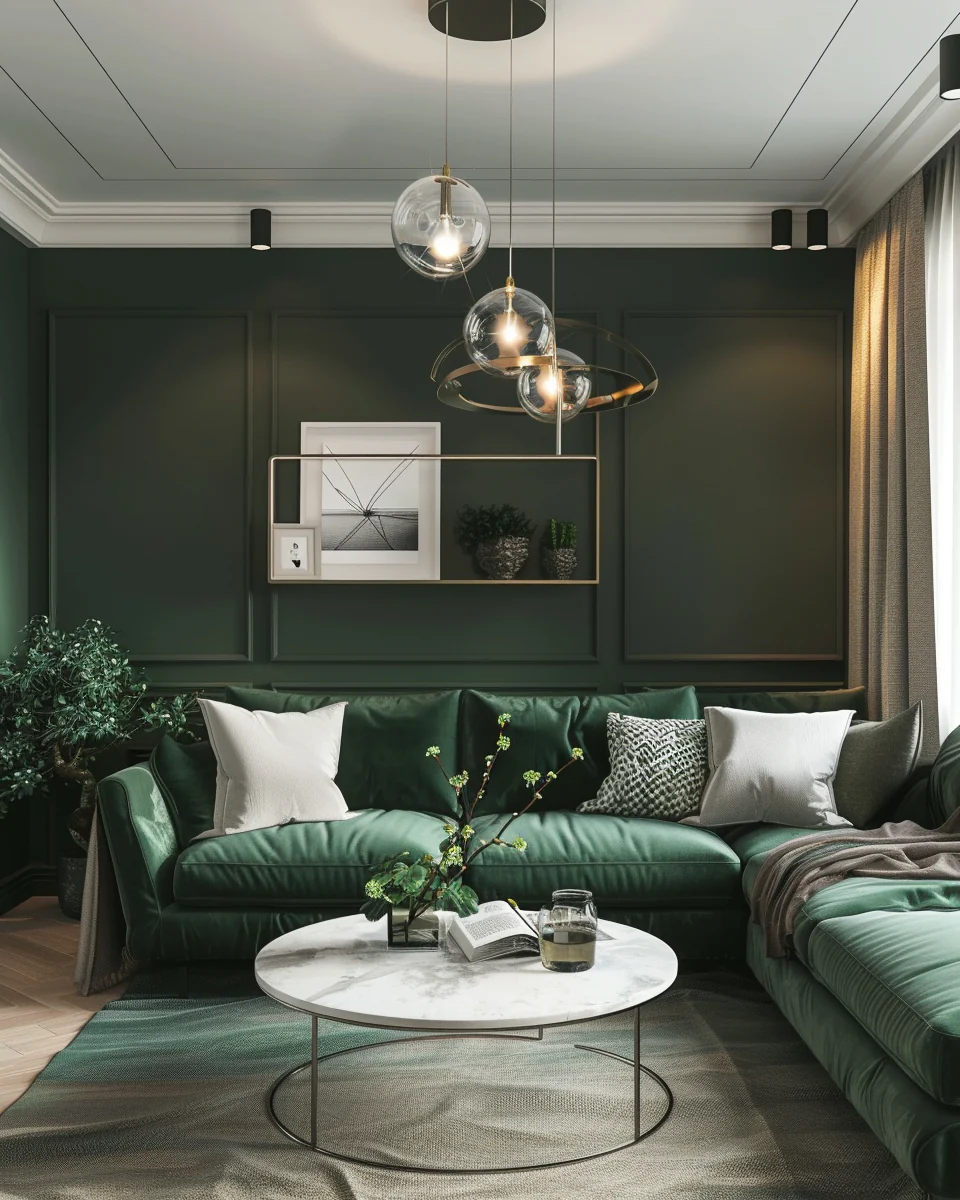 Modern Dark Green Living Room Interior With Center Table Design and Decor Ideas