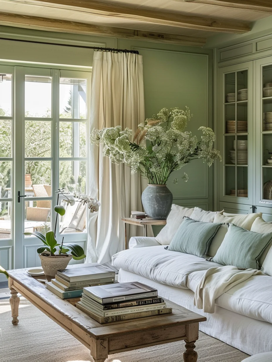 Modern French Country Sage Green Living Room Interior By The Beach Design and Decor Ideas