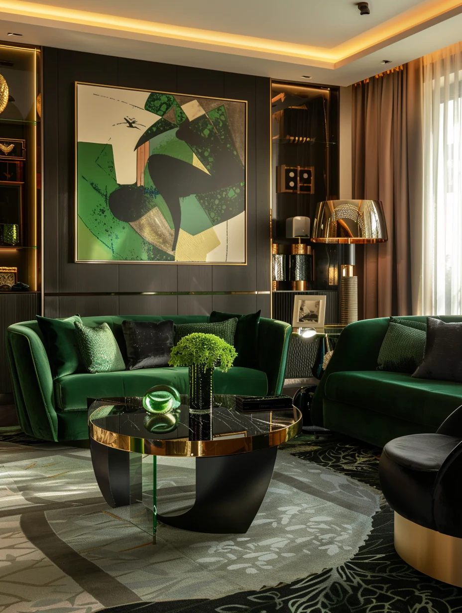 Modern Black And Green Living Room Interior At Golden Hour Design and Decor Ideas