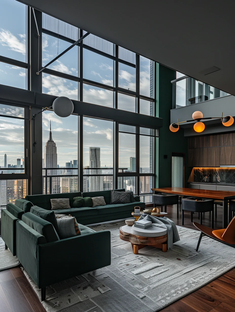 Modern Moody Green Living Room Interior With A View Design and Decor Ideas