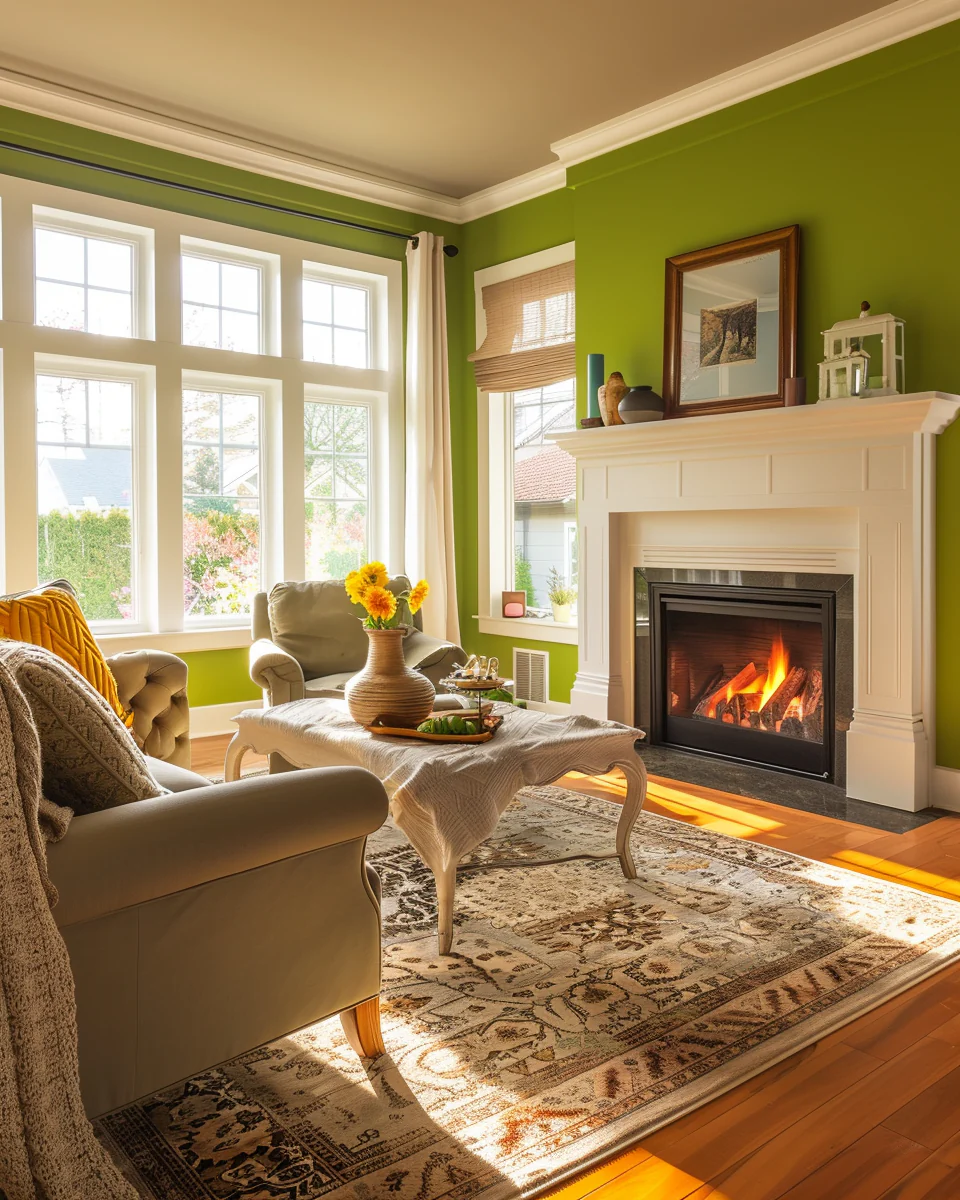 Modern Cozy Green Living Room Interior With Fireplace Design and Decor Ideas