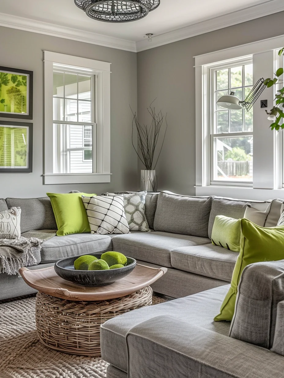 Modern Cozy Grey And Green Living Room Interior With Center Table Design and Decor Ideas