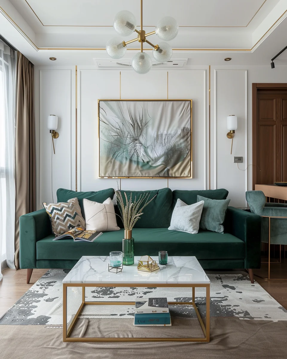 Modern Cozy Gold And Green Living Room Interior At Golden Hour Design and Decor Ideas