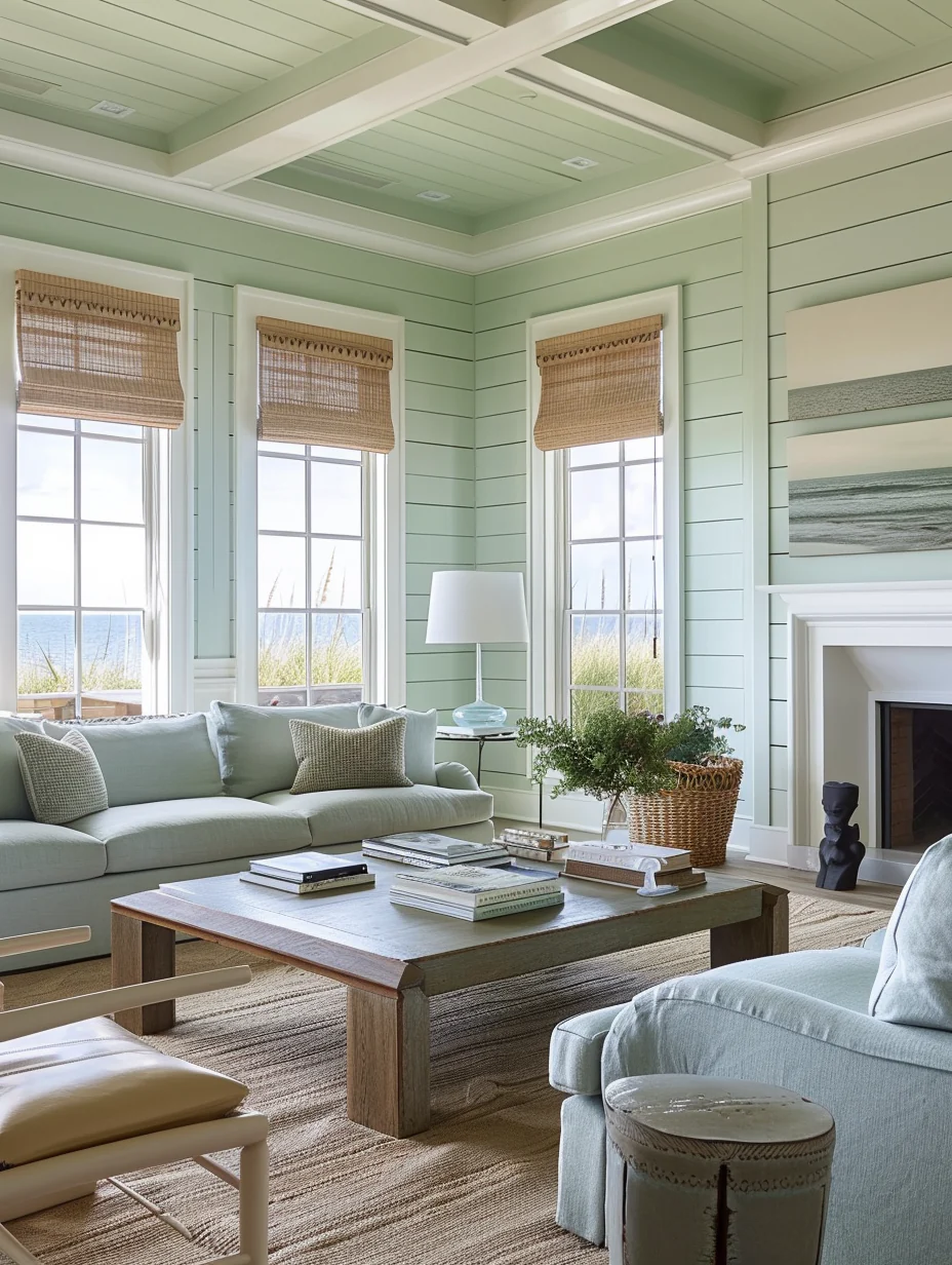 Modern Neutral Green Living Room Interior By The Beach Design and Decor Ideas