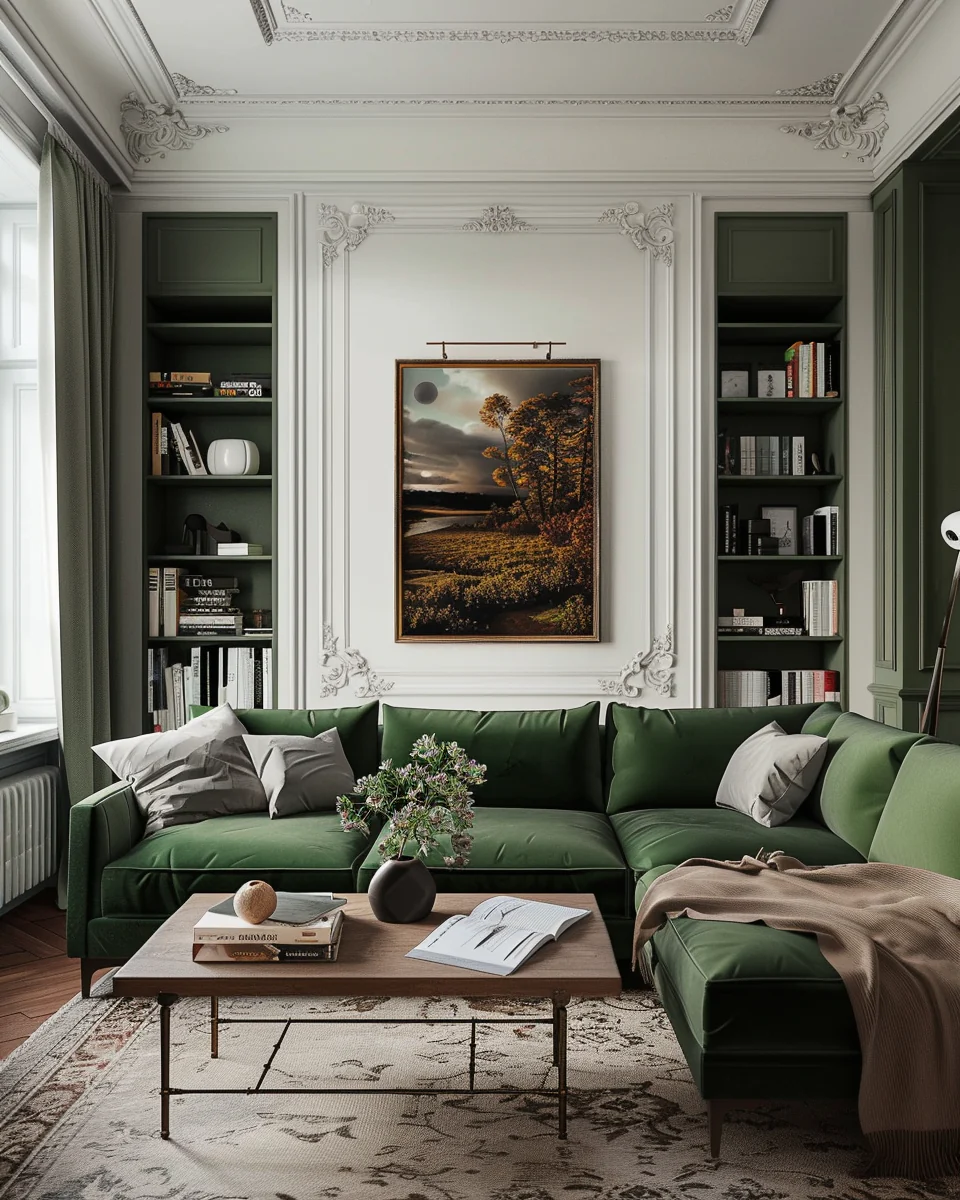 Modern Traditional Green Living Room Interior At Golden Hour Design and Decor Ideas