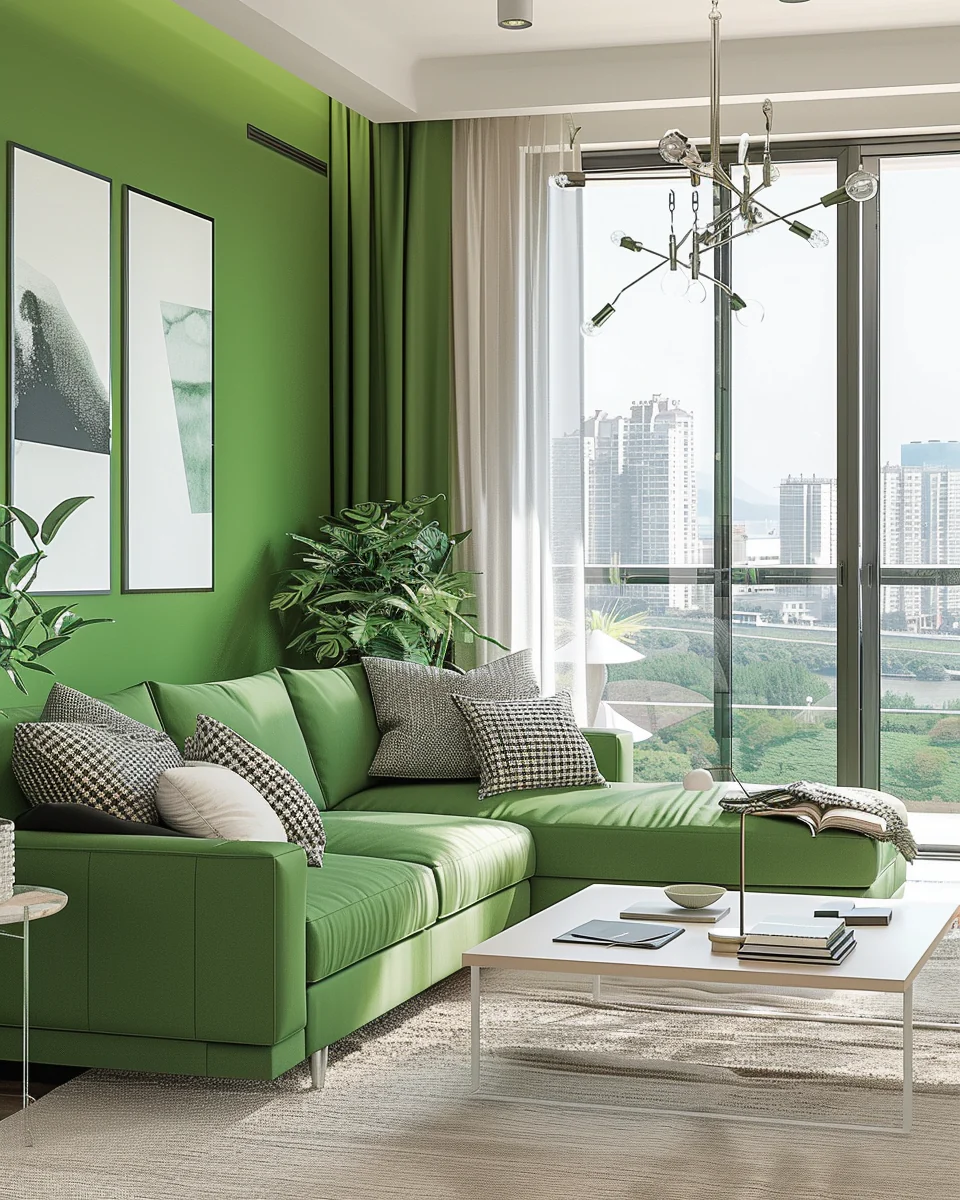 Modern Bright Green Living Room Interior With A View Design and Decor Ideas