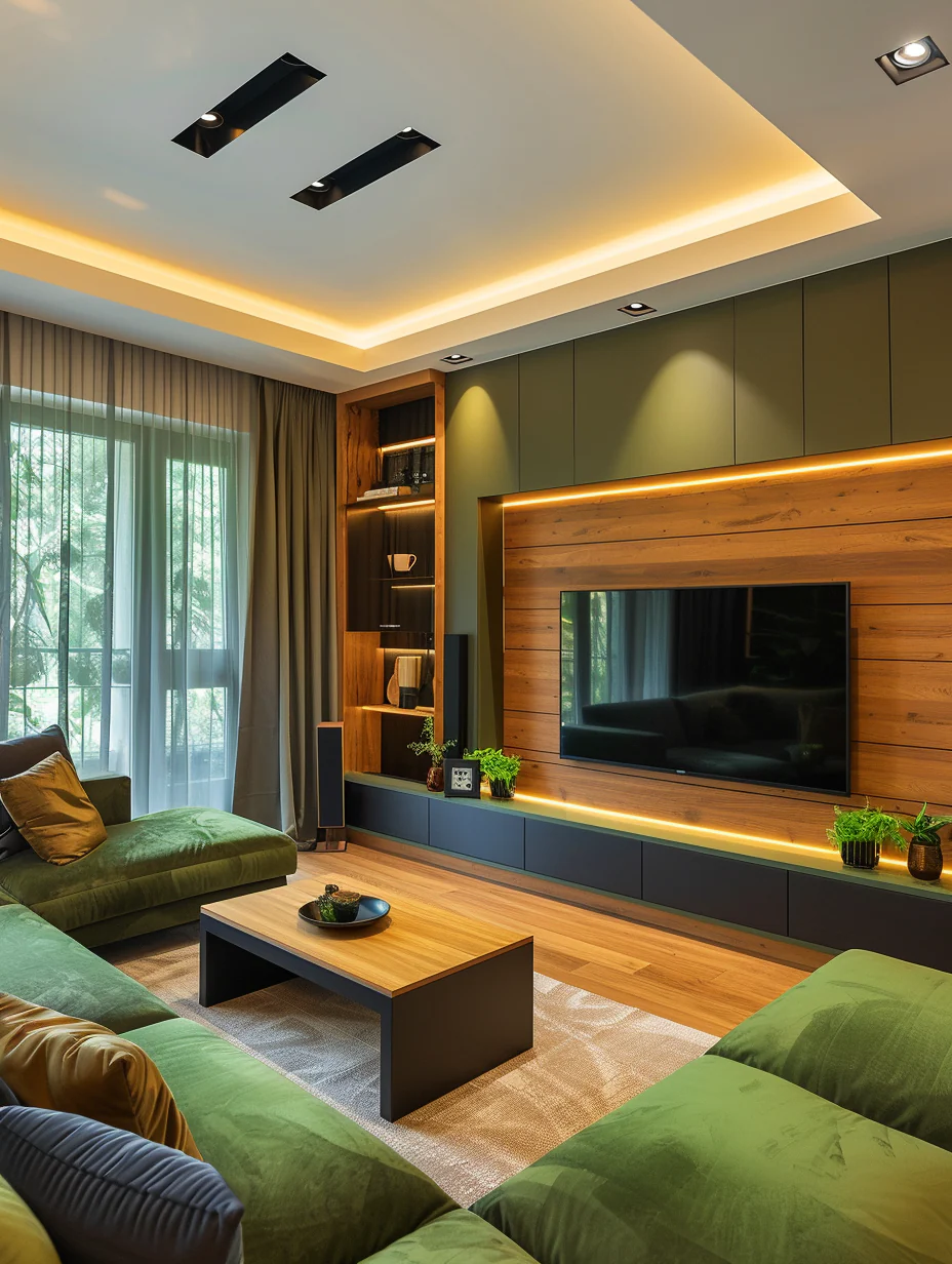 Modern Cozy Brown And Green Living Room Interior With Tv Wall Design and Decor Ideas