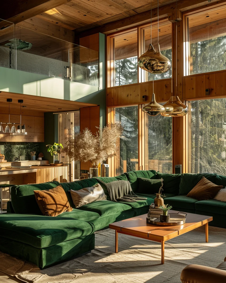 Modern Rustic Green Living Room Interior With Wood Details Design and Decor Ideas