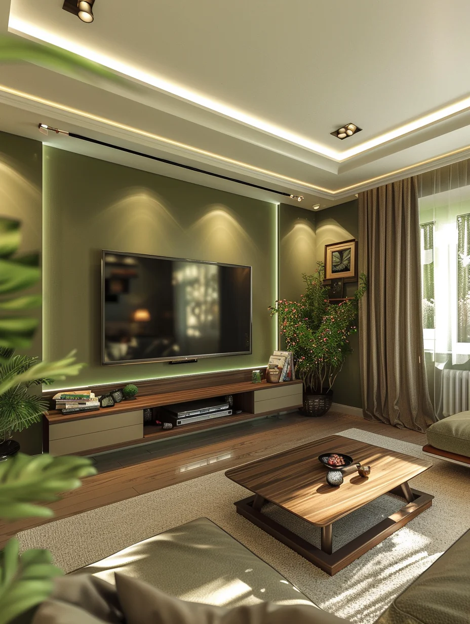 Modern Olive Green Living Room Interior With Tv Wall Design and Decor Ideas