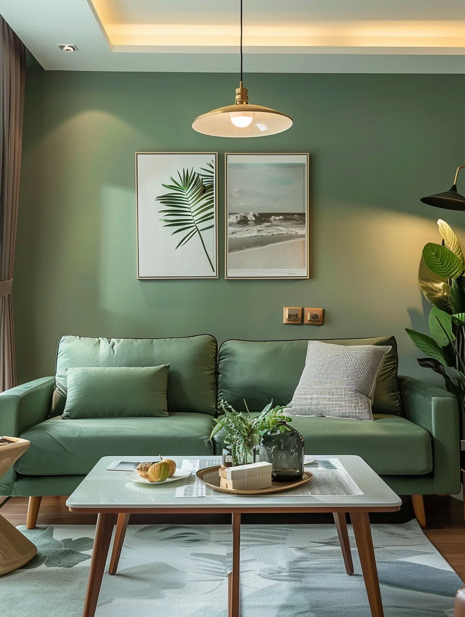 Modern Cozy Green Living Room Interior With Sunglow Design and Decor Ideas