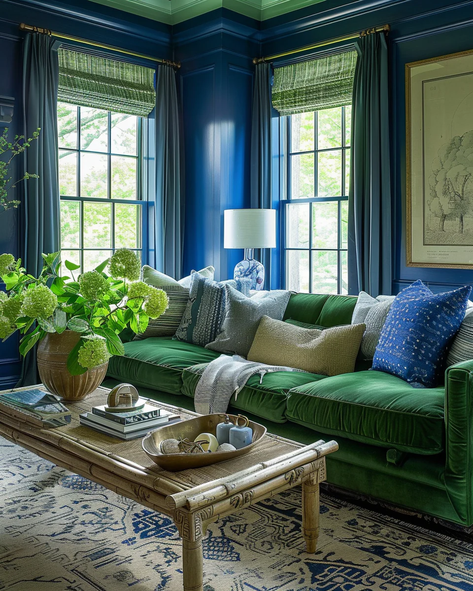 Modern Cozy Blue And Green Living Room Interior With Sunglow Design and Decor Ideas
